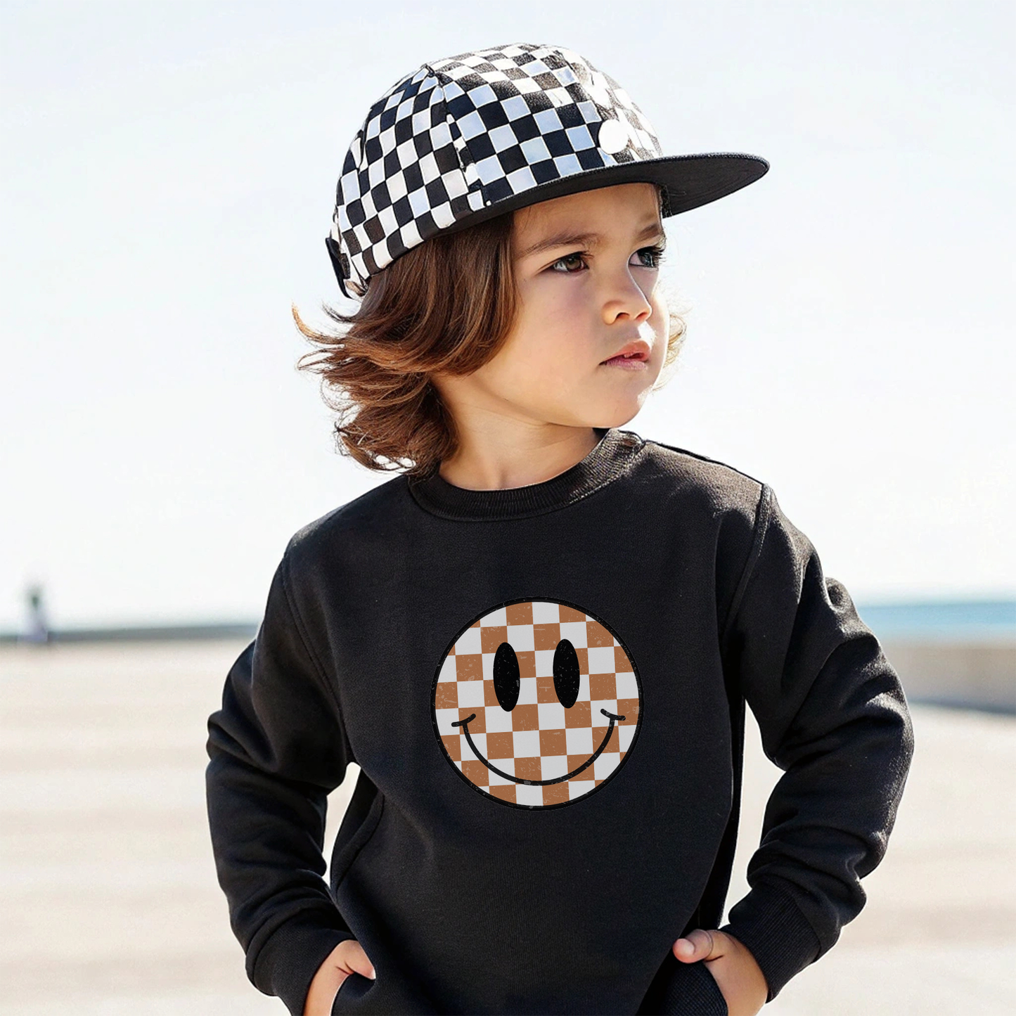 Checkered Smiley Face | Boys Fall Sweatshirt