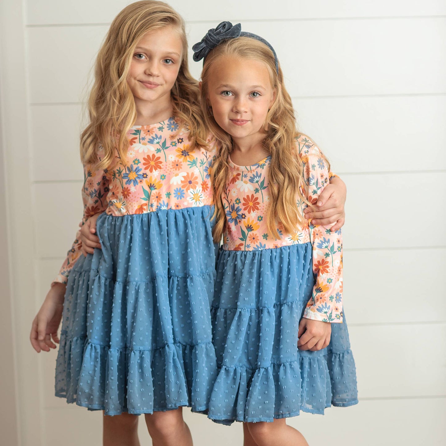 Kids Dusty Blue Flower Print Swiss Dot Tulle Fall Dress