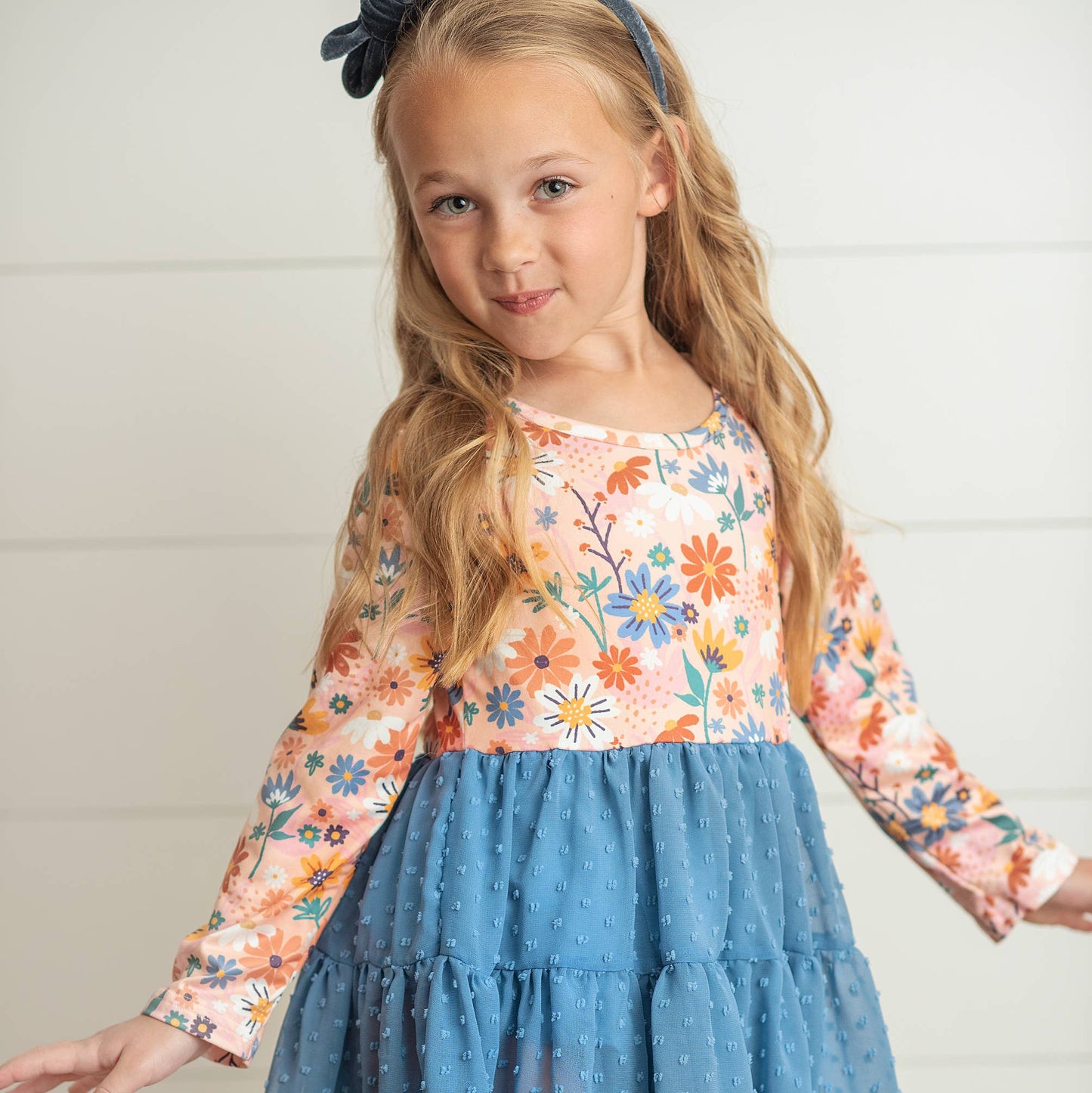 Kids Dusty Blue Flower Print Swiss Dot Tulle Fall Dress