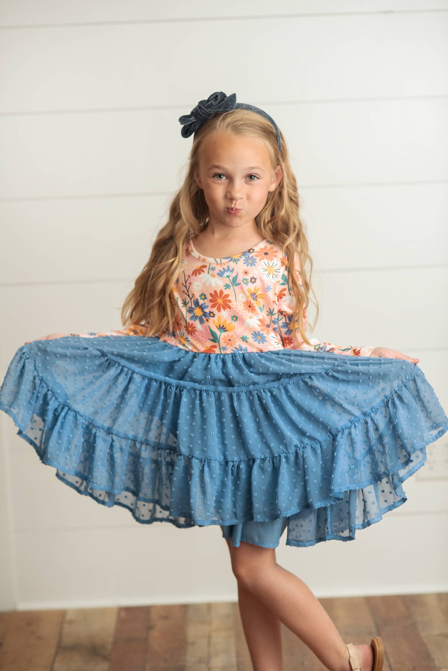 Kids Dusty Blue Flower Print Swiss Dot Tulle Fall Dress