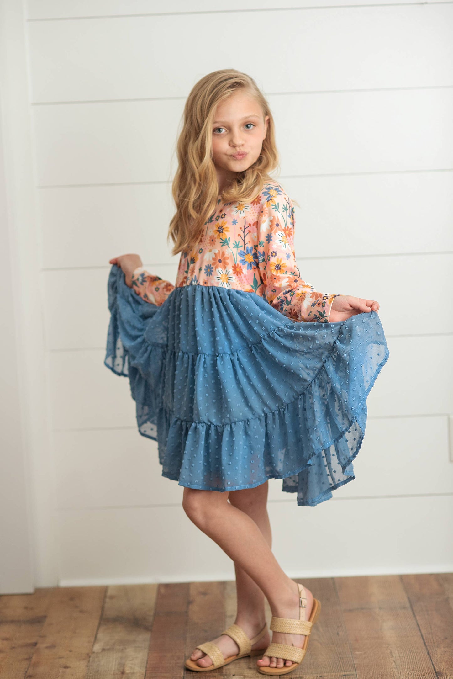 Kids Dusty Blue Flower Print Swiss Dot Tulle Fall Dress