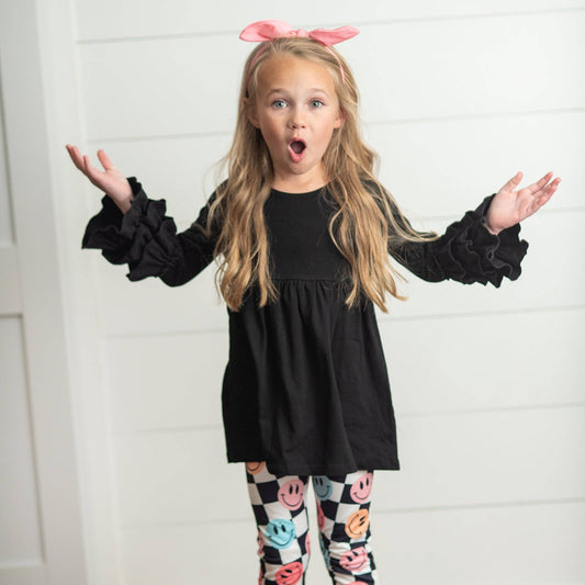 Kids Black & White Check Smiley Face Ruffle Top Leggings Set