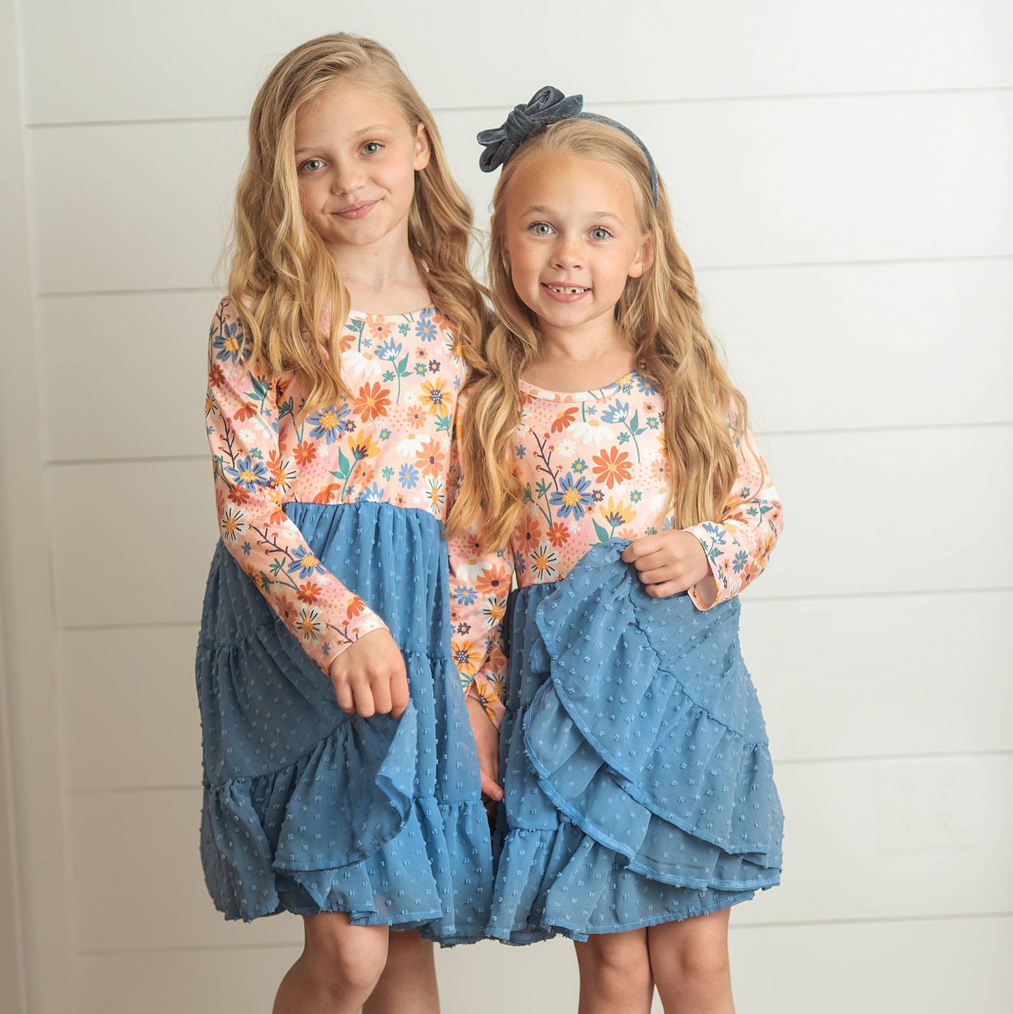 Kids Dusty Blue Flower Print Swiss Dot Tulle Fall Dress